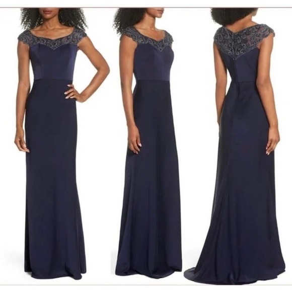 New La Femme Navy Blue Beaded Column Gown Women's Size 16 - Picture 3 of 14